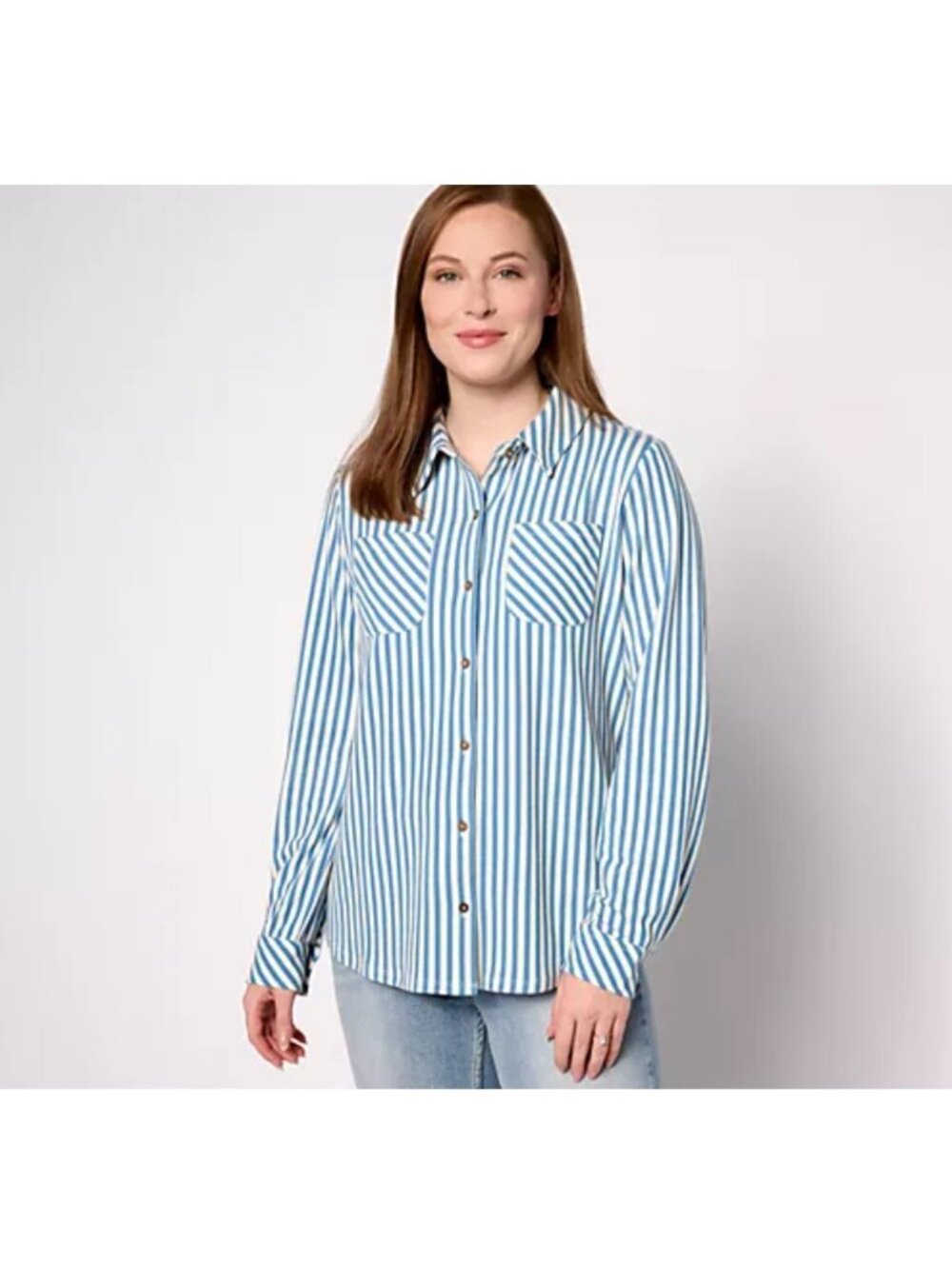 Denim & Co. Top Button Front Shirt sz S Striped Heavenly Jersey Blue A635975